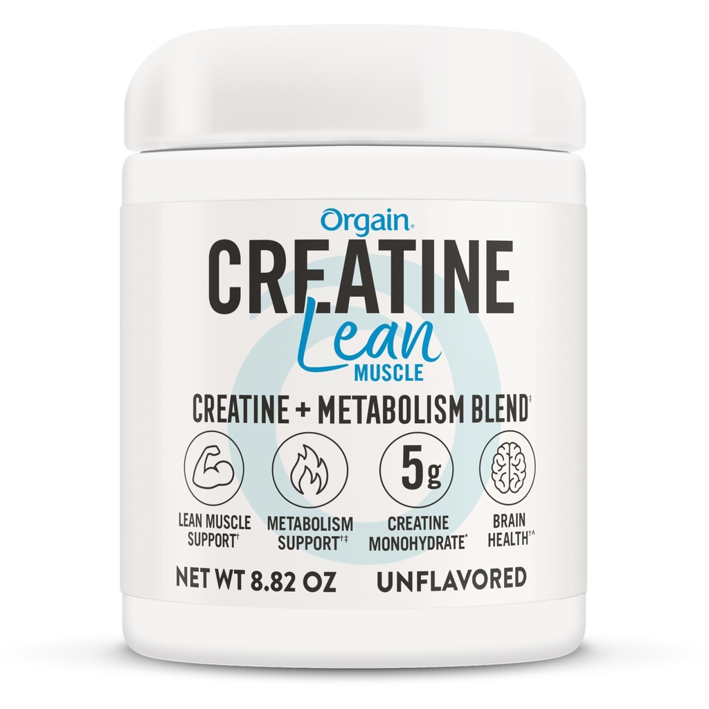 Orgain Micronized Creatine Monohydraat Lean Muscle Powder with Metabolisme Blend, Unflavored, 50 Servings, ondersteunt spierkracht en hersenen gezondheid, Geen zuivel of soja, Glutenvrij, Veganistisch