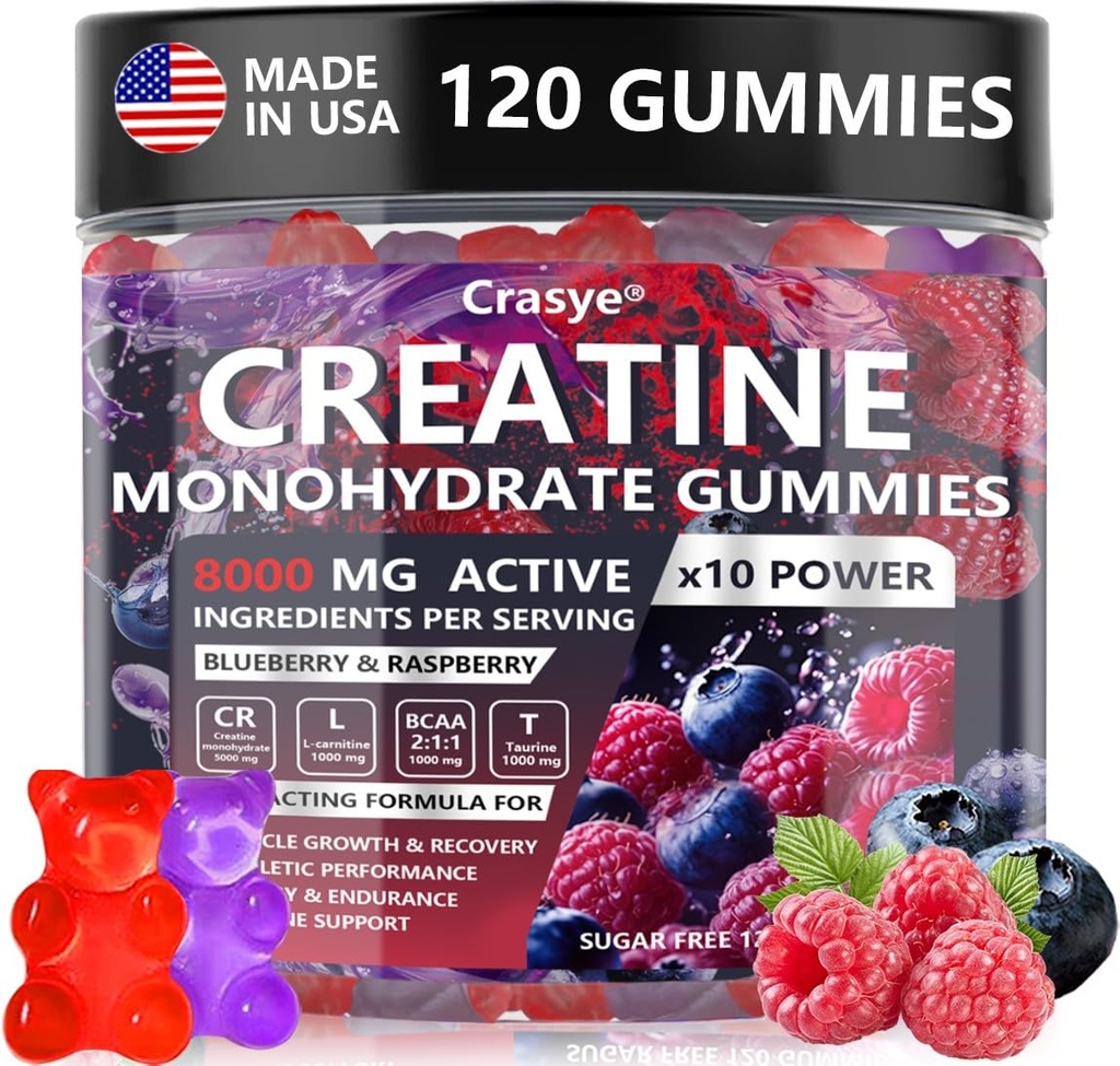 Createine Gummies Complex 8000mg voor mannen en vrouwen Createine Monohydraat Gummy met BCAA Taurine voor spierkracht en energie Boost Sugar Free Pre-workout Supplement - 120 Gummies