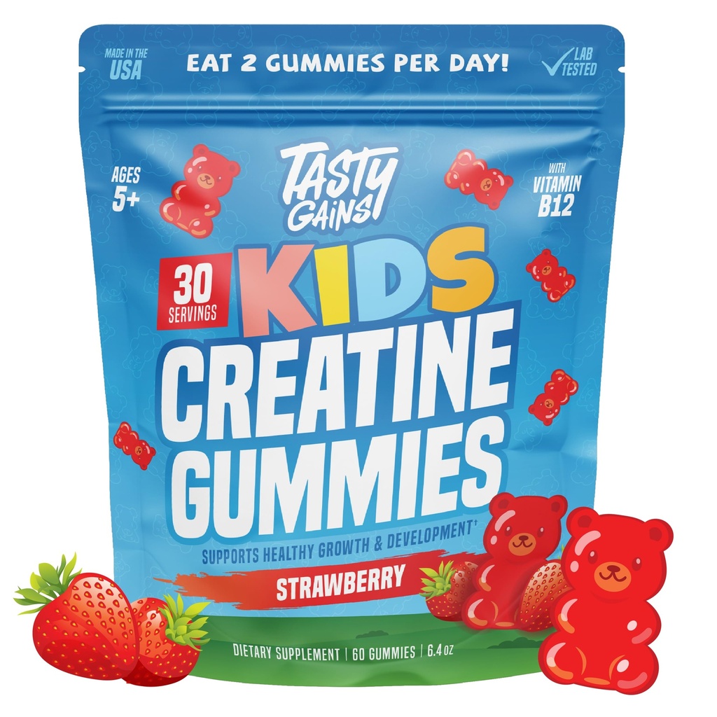 TASTY GAINS Kids & Teen Creatine Gummies with Vitamin B12 for Growth Support, Easy Chew Daily Supplement, Gummy Vitamins for Kids and Teens, Ages 5+