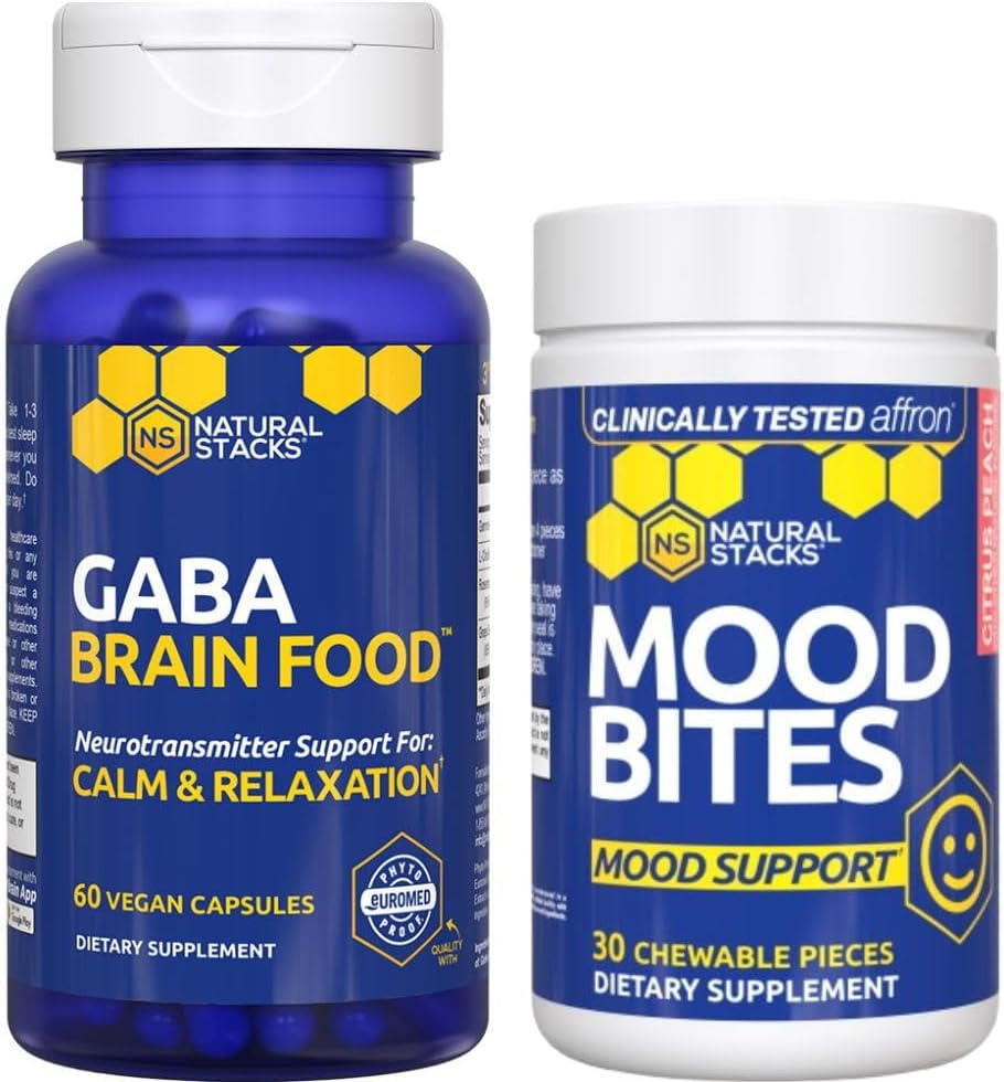 NATUURLIJKE STAKKEN Mood Bites + GABA Brain Food Bundle - Ondersteunt Ontspanning en Verbeterde Mood* - 90 Totaal Pieces