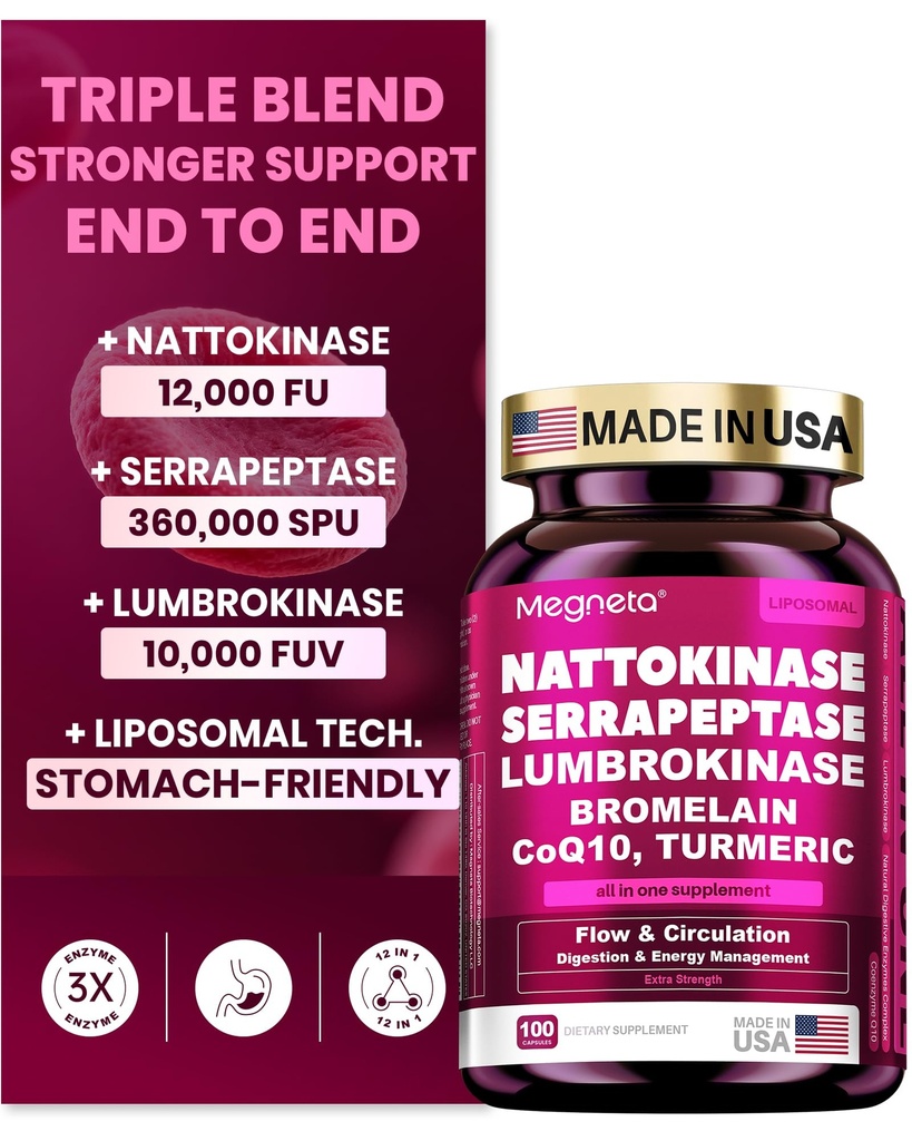 Nattokinase Supplement 12,000 FU (Max Strength) Serrapeptase 360,000 sPU, Lumbrokinase 10,000 FUV & CoQ10 -Systemic Enzymes Complex for Cardiovascular & Circulatory Health Support-100 Capsule