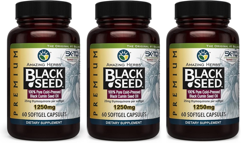 Verbazingwekkende kruiden Premium Black Seed Oil Capsules - Hoge potentie, koude geperste Nigella Sativa Aids in Digestive Health, Immune Support & Hersenfunctie - 60 Tel, 1250mg (pakket van 3)