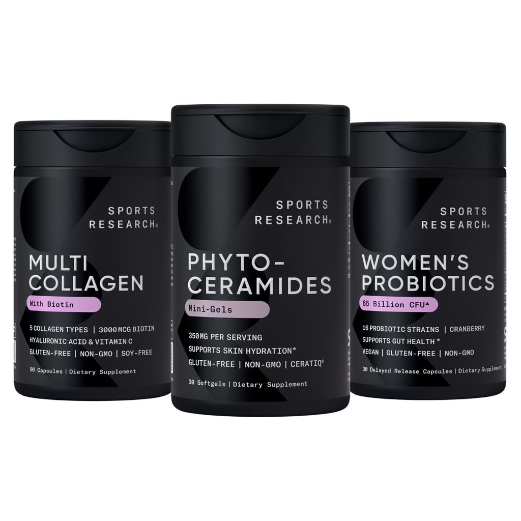 Sports Research® Supplements for Women Pack - Phytoceramides 350mg for Healthy Skin and Hydration + Biotin-Infused Collagen Peptides Complex + Women's Probiotics with Prebiotics