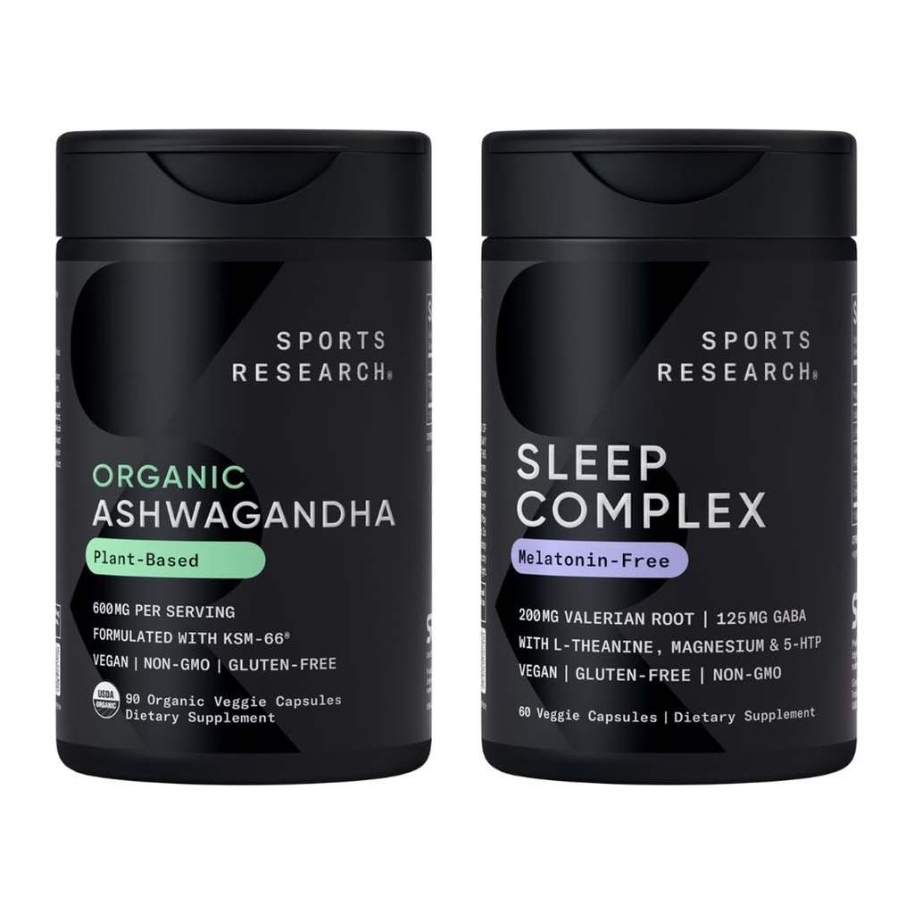Sports Research® Sleep Pack - Organic Ashwagandha – Adaptogen for Relaxation, Calm & Sleep Support 600 mg + Sleep Complex- Melatonin-Free Vegan Capsules