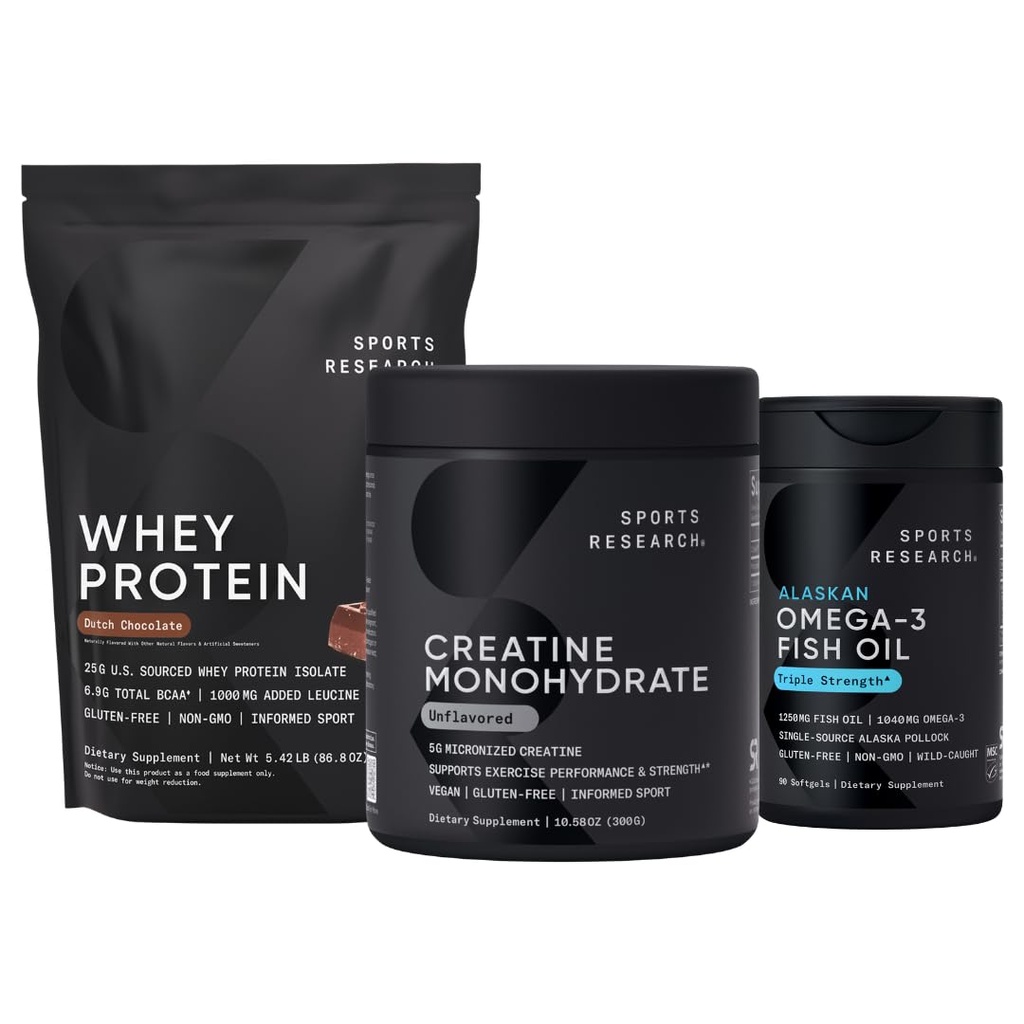 Sports Research® Whey Protein & Creatine Monohydrate the Dynamic Duo for Lean Muscle Building, Performance, Strength & Workout Recovery and Triple Strength Omega 3 Packed with EPA & DHA Fatty Acids