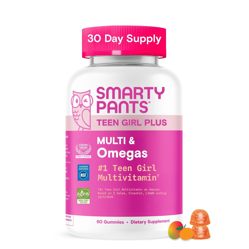 SmartyPants Tienermeisje Multivitamine Gummies, Omega 3 (DHA/EPA), Vitamine C, D3, B12, Vitamine A, K & Zink, Biotine ter ondersteuning van haar, huid & Nails, Glutenvrij, 60 Tel (30 dagen levering)