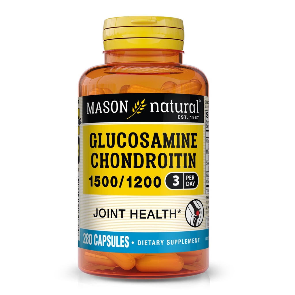MASON NATUURLIJKE Glucosamine Chondroitin 1500/1200 met vitamine C, ondersteunt de gezamenlijke gezondheid voor normale flexibiliteit en mobiliteit*, 280 capsules, 3 maanden levering
