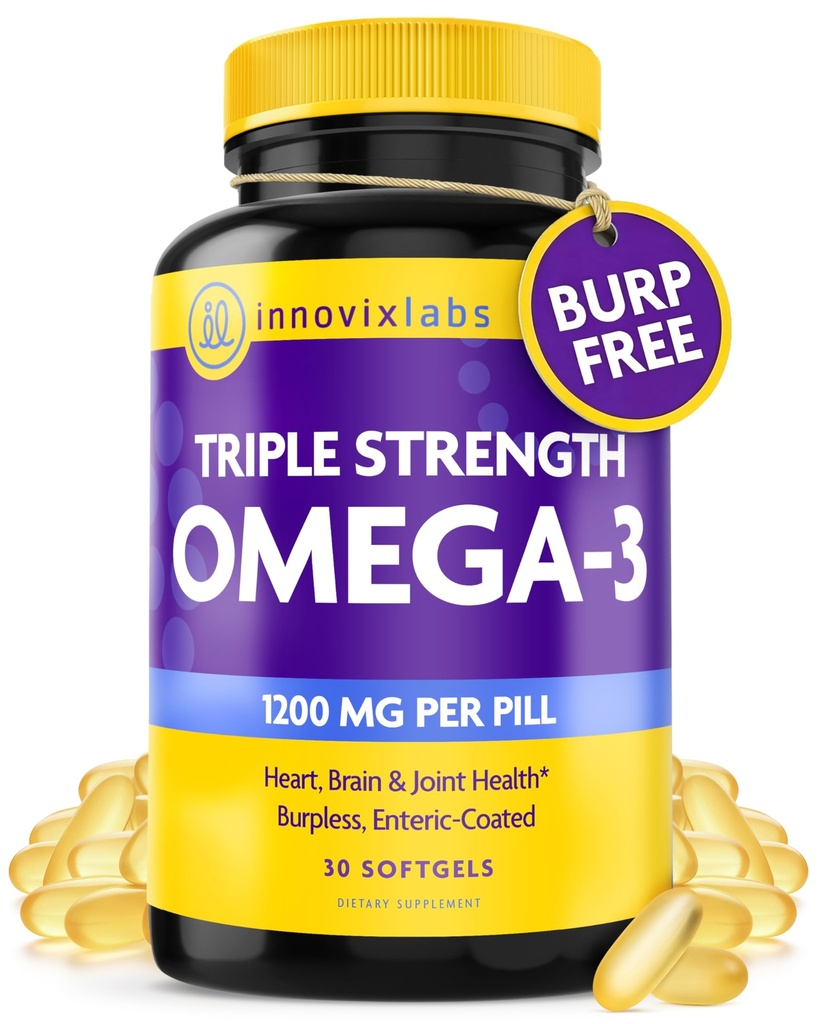 InnovixLabs Triple Strength Omega 3 Supplement, Burpless Fish Oil for Women and Men - 900 mg EPA & DHA, Brain & Joint Support, Award Winning & Third-Party Tested, 30 Softgels