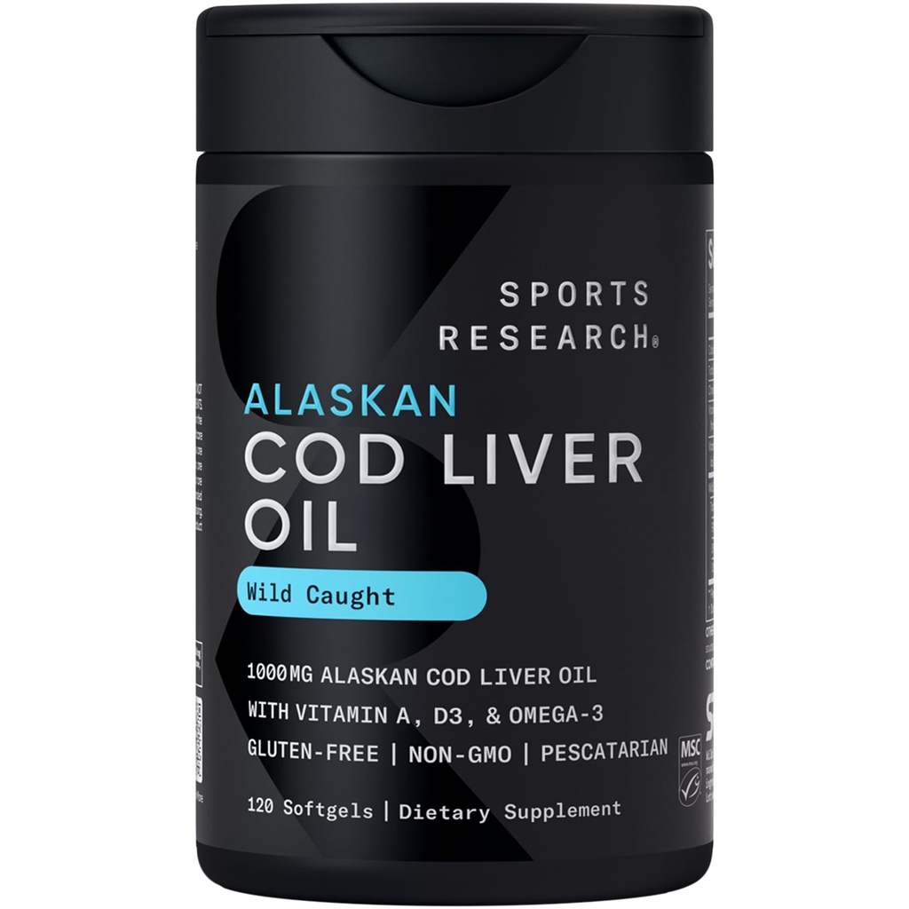 Sports Research® Omega-3 Wild Alaskaanse kabeljauwleverolie 1000mg met vitamine A (1000 IE) & D3 (400 IE) - Burpless, Bovine Free, Non-GMO, & MSC Certified Sustainable - 120 Softgels