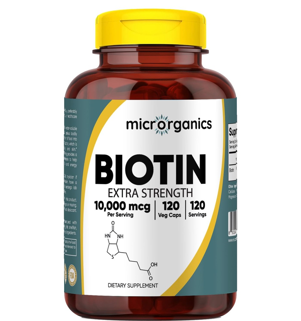 Biotin 10,000 mcg Extra Strength – Supports Hair, Skin & Nail Health, and Energy Metabolism – High Potency Vitamin B7 – 120 Vegan Capsules, 120 Servings