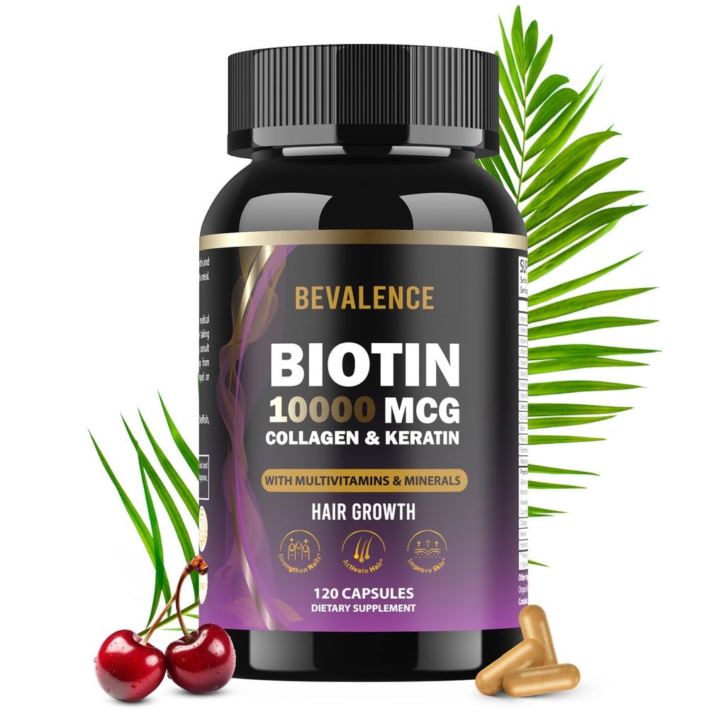 Biotin 10,000MCG Hair Growth Support for Women & Men with Collagen & Keratin – Hair, Skin & Nails Vitamins with Multivitamins & Minerals – 120 Capsules (2-Month Supply)