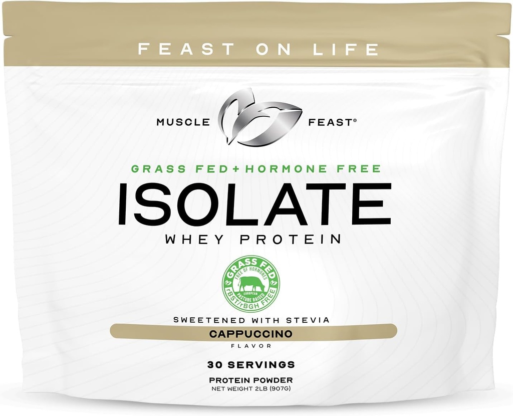 Muscle Feast Grass-Fed Whey Protein Isolate, All Natural Hormone Free Pasture Raised, Whey Isolate Protein Powder for Men and Women, Clean, Gluten-Free, Delicious Isolate Protein - Cappuccino, 2lb
