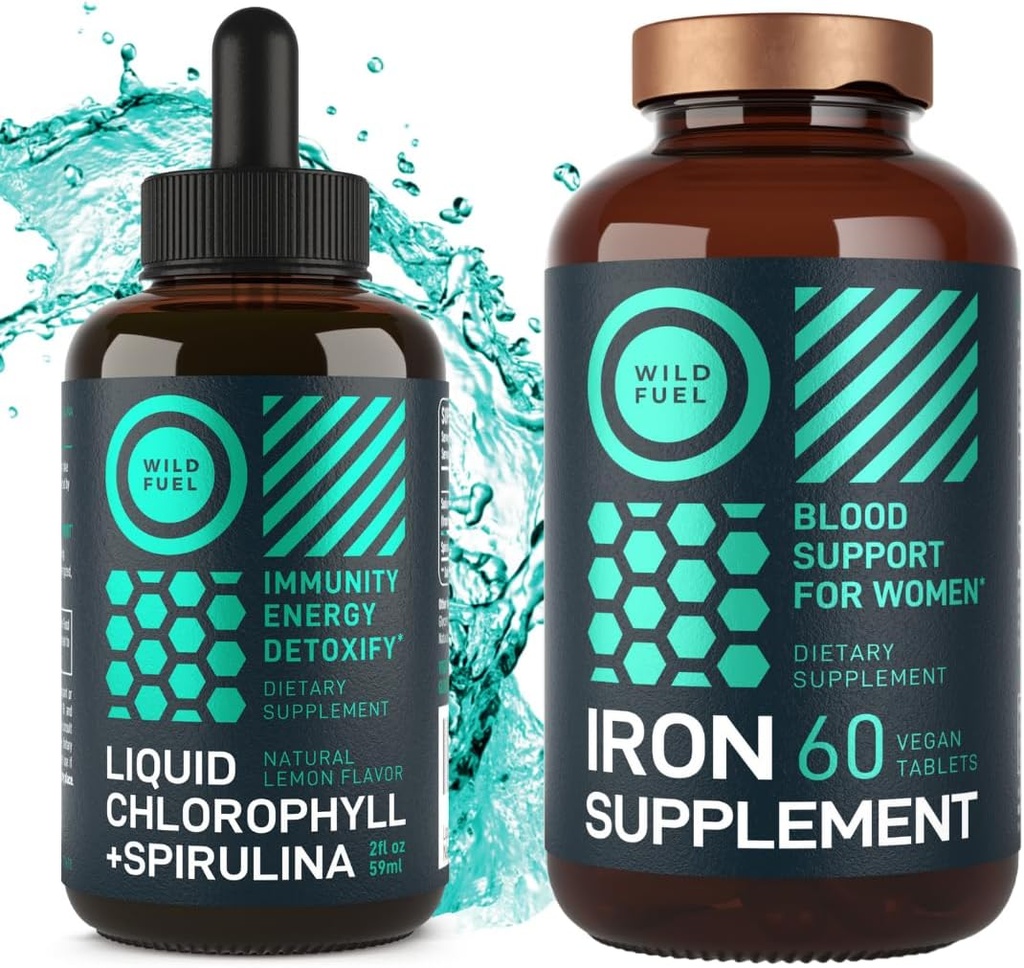 WILDE BRANDSTOF IJzertabletten voor vrouwen met foliumzuur en vloeibare chlorofyl met spirulina vrouwelijke gezondheid en ontgiftingsbundel