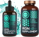 WILDE BRANDSTOF IJzertabletten voor vrouwen met foliumzuur en vloeibare chlorofyl met spirulina vrouwelijke gezondheid en ontgiftingsbundel