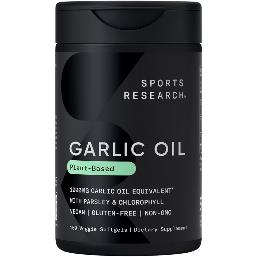 Sports Research® Odorless Garlic Oil Pills with Parsley & Chlorophyll - Vegan Certified · Non-GMO · Gluten Free - 150 Plantgel Capsules