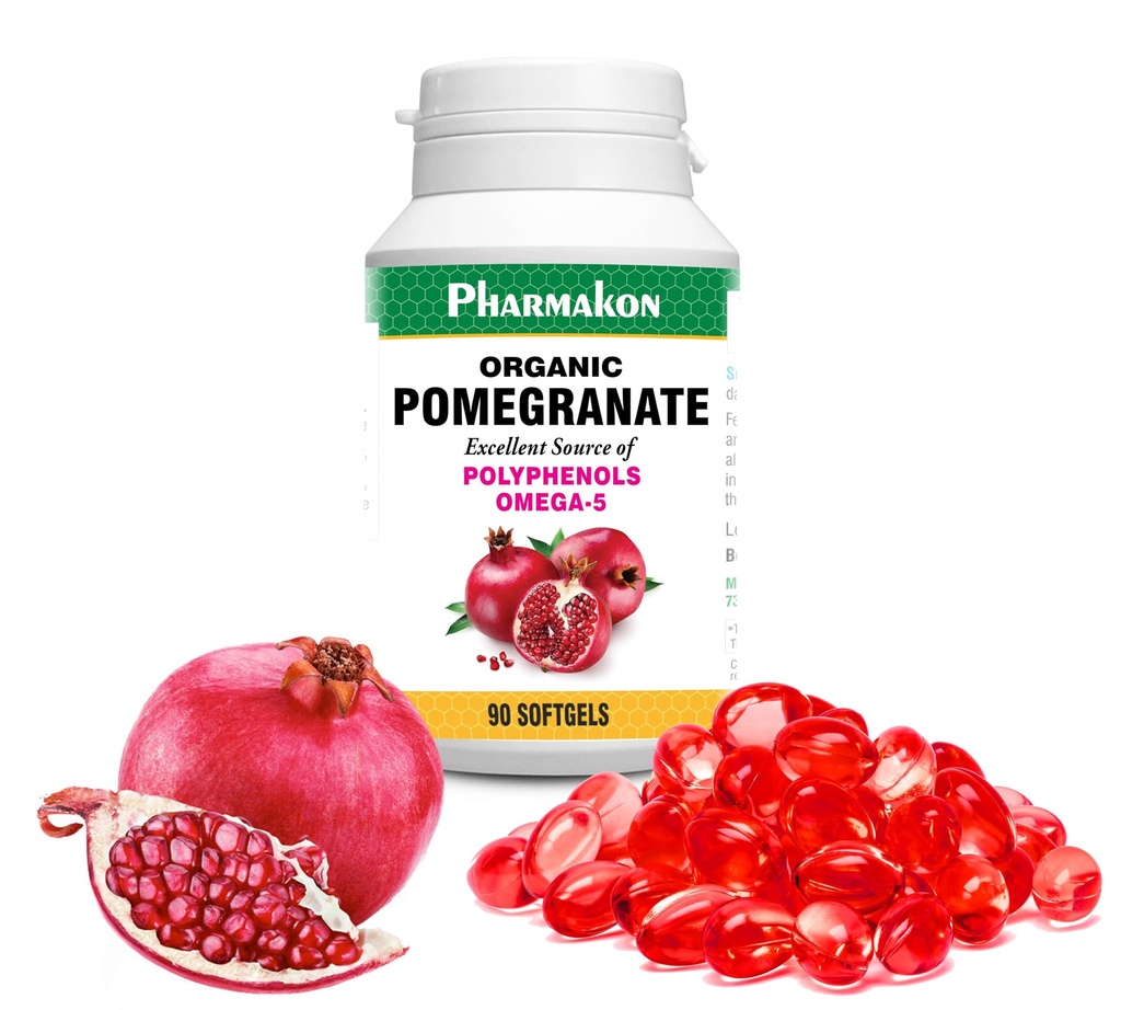 PHARMAKON Organisch Granaatappelextract, zeer biologisch beschikbaar Softgels, volledig spectrum Bevat polyfenolen + Omega 5