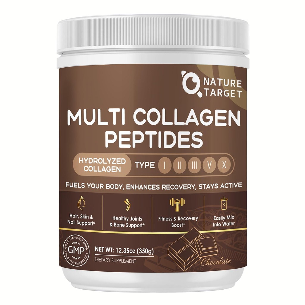 NATURE TARGET Chocolate Collagen Peptides Powder - Multi Collagen for Women with Vitamin C & Creatine, Supports Skin, Hair, Nails & Joint Health - Type I, II, III, V & X, Gluten Free, 35 Servings