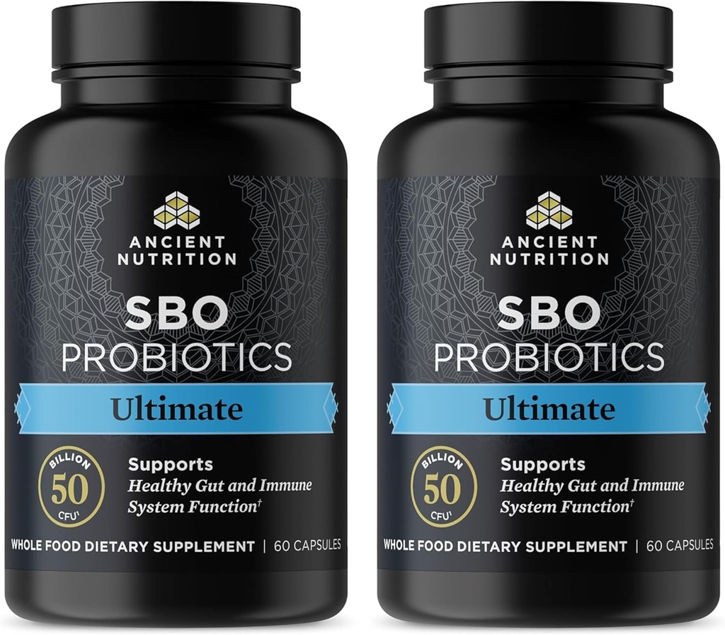 Ancient Nutrition Probiotics, SBO Probiotics Ultimate 50 Miljard CFUs*/Serving, Digestief en Immuun Support, Glutenvrij, Oude Superfoods Blend, Krimpverpakking 60 Capsules (2 Pack)