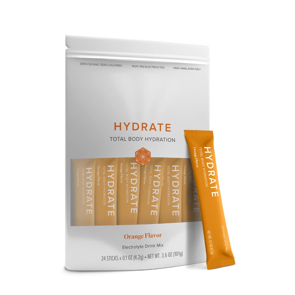 Isagenix Hydrate - Superior Hydration with 1625+ mg of Essential Electrolytes - No Added Sugar - Orange Flavor - 0.1 oz Sticks - 24 Servings
