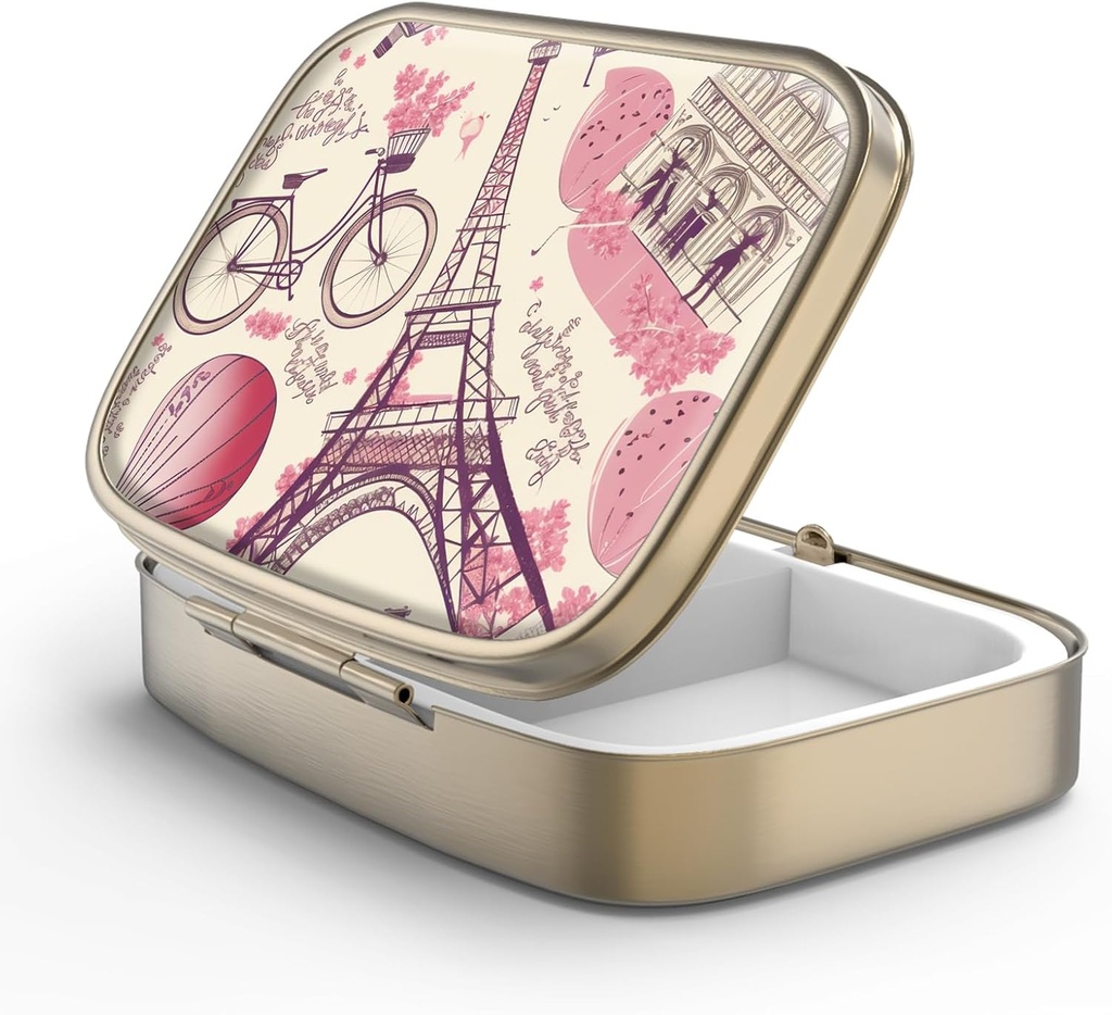 Pill Case Pill Box met Mirror Retro 2 Compartiment Kleine pil Case voor Purse of Pocket Bronze Rechthoekige Pill Box of vitamines, Visolie, Supplementen, Pill Bevat reizen Gifts(Parijs Eiffeltoren)
