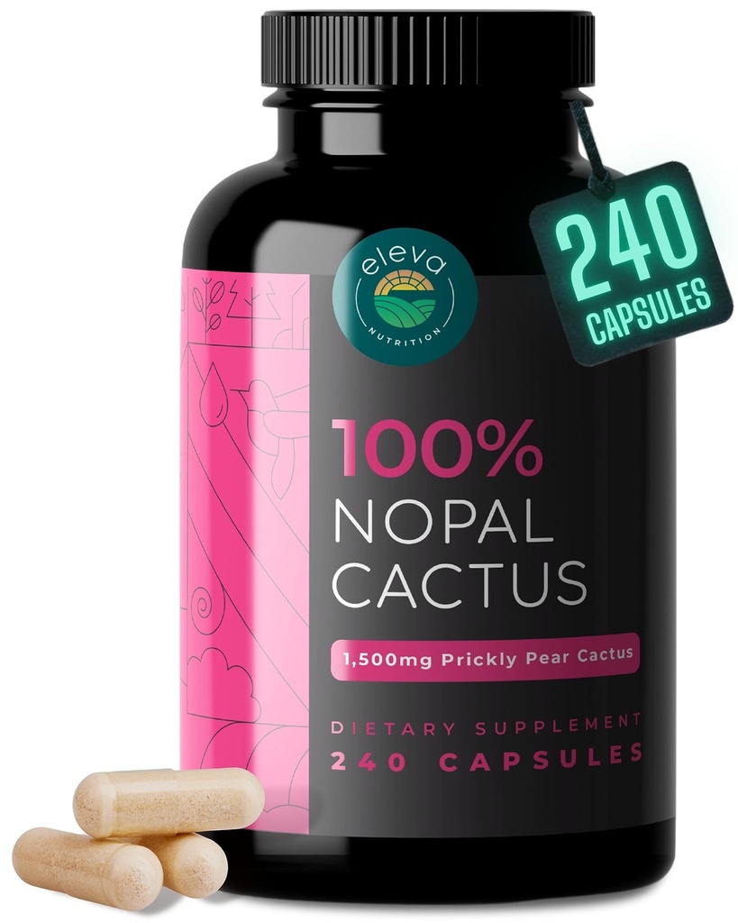 Nopal Cactus Capsules 1500mg- Biologische Zon-Drie Prickly Pear Cactus Fruit Poeder & Black Pepper Extract voor Absorptie- Natuurlijke Prickly Pear Super Supplement- Vezel, Vitaminen en Mineralen 240 Capsules