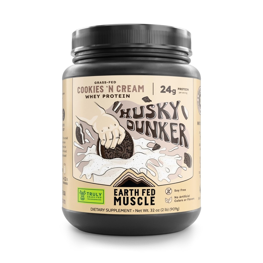 Earth Fed Muscle Husky Dunker Cookies 'n Cream Irish Grass Fed Whey Protein Isolate, Third-Party Certified. 24g Protein, Cookies & Cream - Non-GMO, Hormone Free, Soy Free - 2 LB, 27 Servings