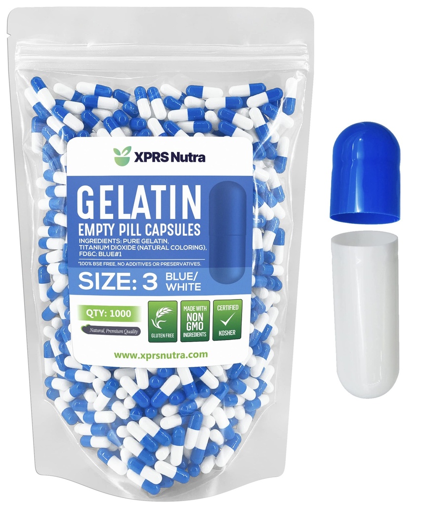 XPRS Nutra Size 3 Empty Capsules - 1000 Count Empty Gelatin Capsules - Pills DIY Capsule Filling - Pure Bovine Pill Gel Caps Fillable for Do-It-Yourself Vitamins and Supplements (Blue/White)