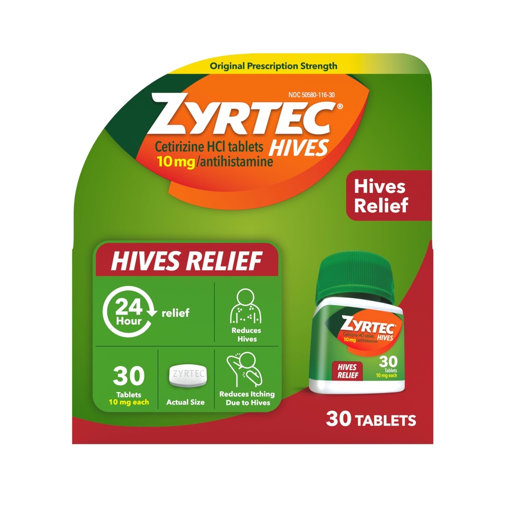 Zyrtec 24-uurs Hives Relief Tablets, 10 mg Cetirizine HCl Tablets to Help Reduce Hives & Reduce Jeuk Vanwege Hives, Antihistamine Tablets for Itch Relief & Treatment of Urticaria, 30 ct