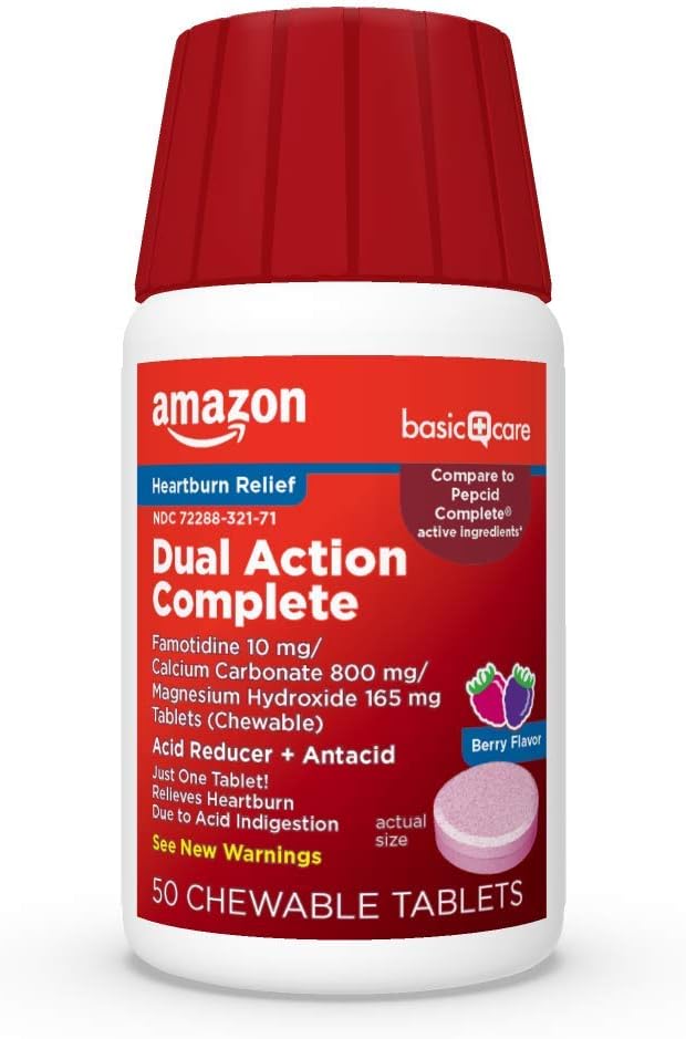 Basic Care Dual Action Complete, Kauwbare Acid Reducer Plus Antacid Tablets, Berry Flavor, Heartburn Medicine, Acid Indigestie Relief, 50 Tellen