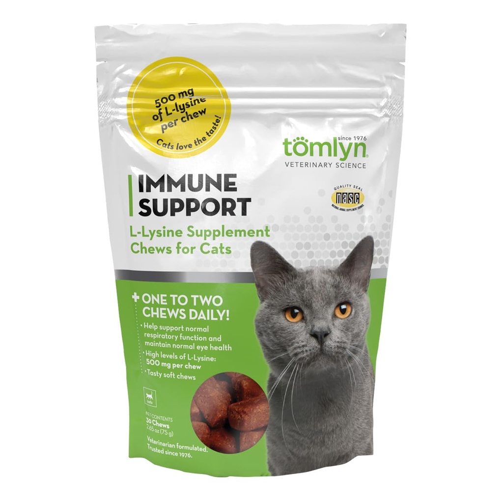 Tomlyn Immune Support Daily L-Lysine Supplement, Fish-smaak Lysine Kauwen voor Katten en Kittens, 30ct