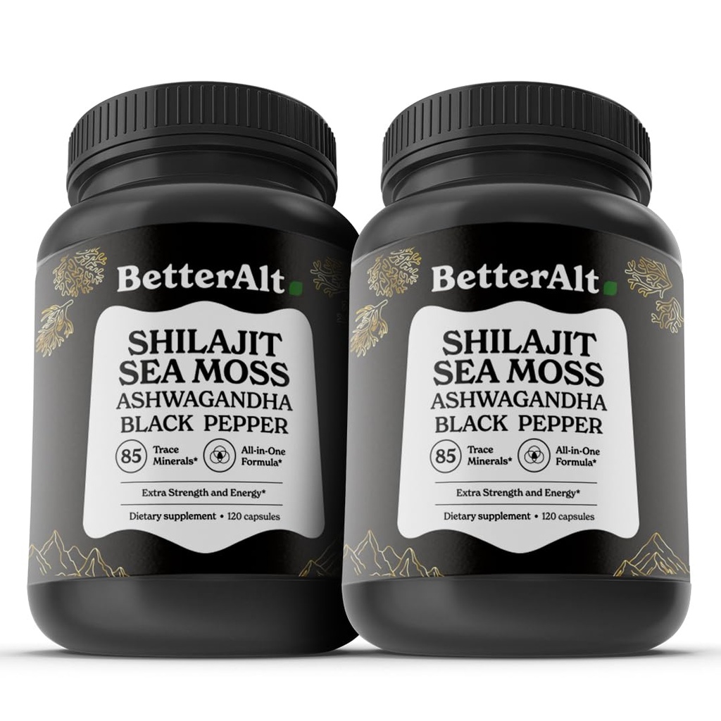Better Alt Shilajit Sea Moss Capsules Pack of 2 with Ashwagandha & Black Pepper Extract with 85+ Essential Minerals & Antioxidants| Boosts Energy & Metabolism - 120 Servings, 240 Capsules