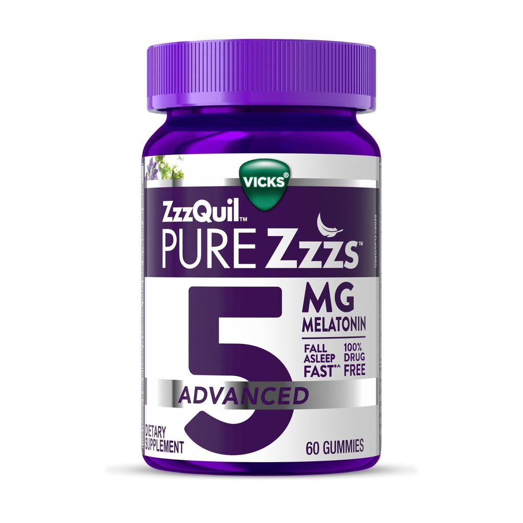 ZzzQuil Pure Zzzs Melatonin Gummies, Melatonin 5mg, Sleep Aid, with Chamomile & Lavender, Melatonin Sleep Gummies, Sleep Aids for Adults, Berry Flavored, 60 Sleep Gummies