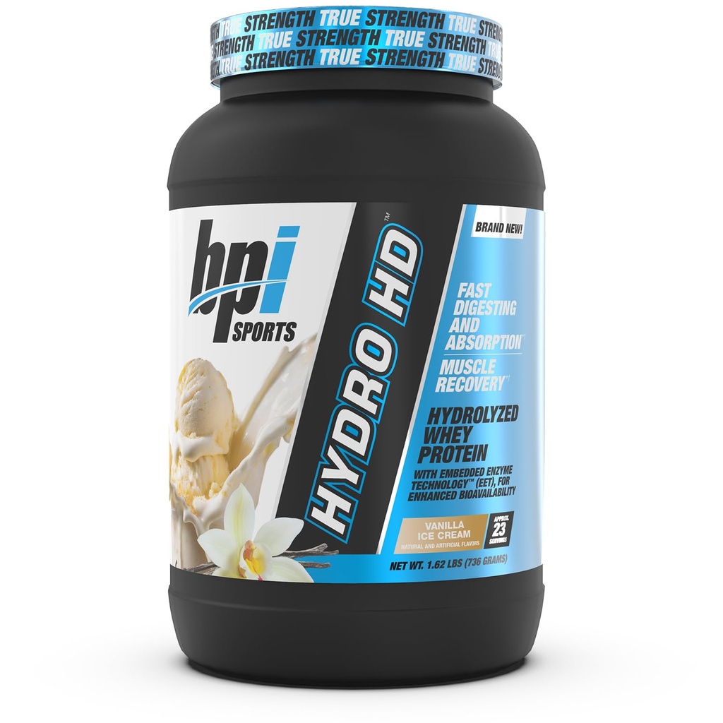 BPI Sports Hydro HD - 100% Hydrolyzed Whey Protein Powder - Muscle Growth, Recovery, 25g of Hydrolyzed Protein, Low Carb, Low Sugar, Fast Absorbing (23 Servings, Vanilla Ice Cream)
