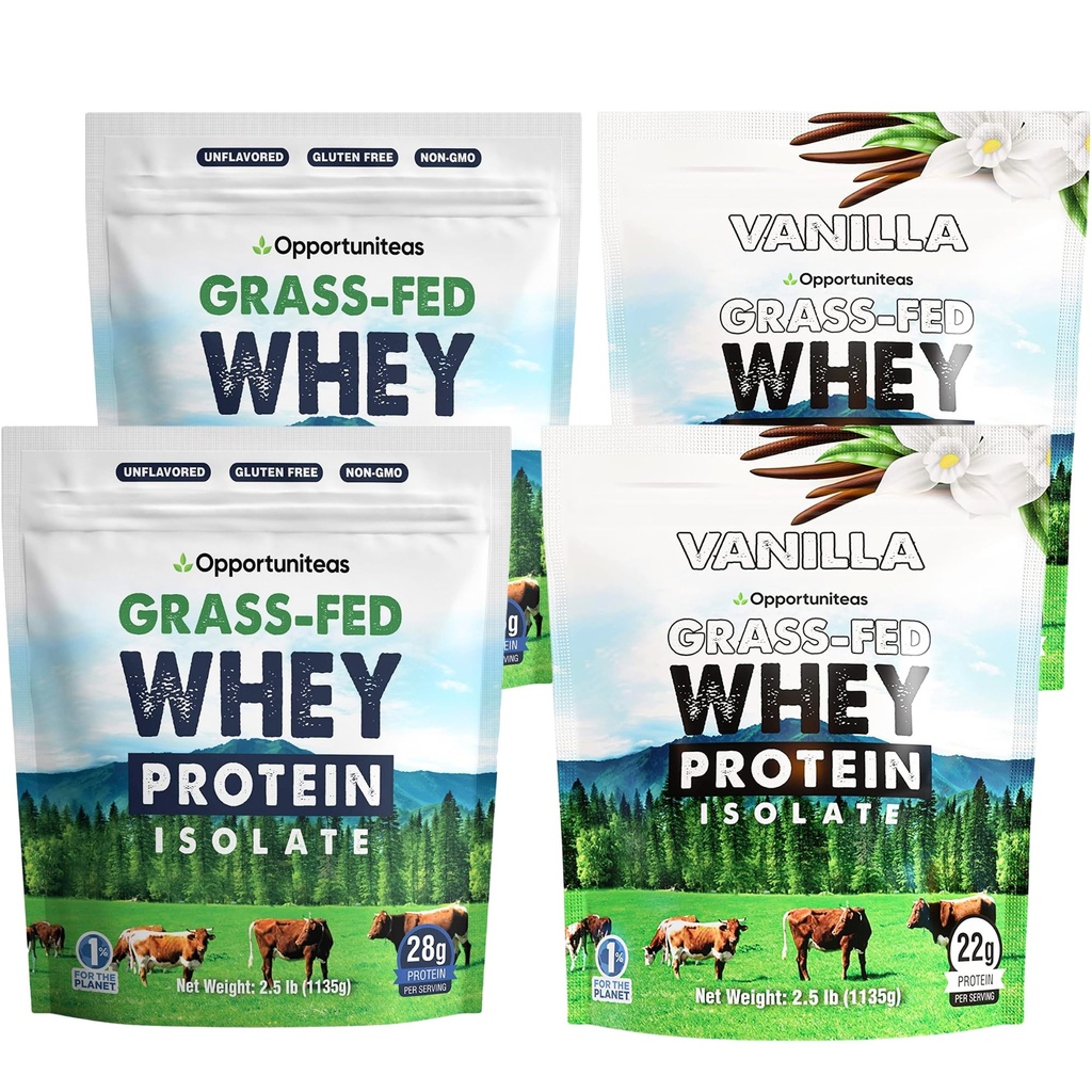 Opportuniteas Grass Fed Whey Protein Isolate Powder - 28g Unflavored & Vanilla Protein Protein Without Artificial Sweeteners, Hormone-Free Happy Cows - Un-denatured, Non GMO, Keto & Paleo Diet Friend