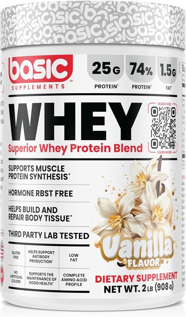 BASIC SUPPLEMENTS Whey Protein Powder, 25g Protein, Complete Amino Acid Profile, Gluten-Free, Low Fat, RBST-Free, Supports Muscle Recovery & Antibody Health