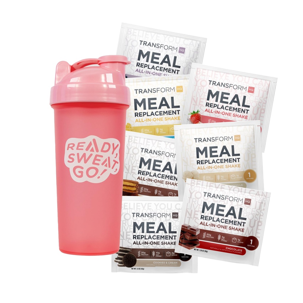 TransformHQ Meal Replacement Shake Variety Box With Pink Shaker, 7 Single-Serving Shake Packs