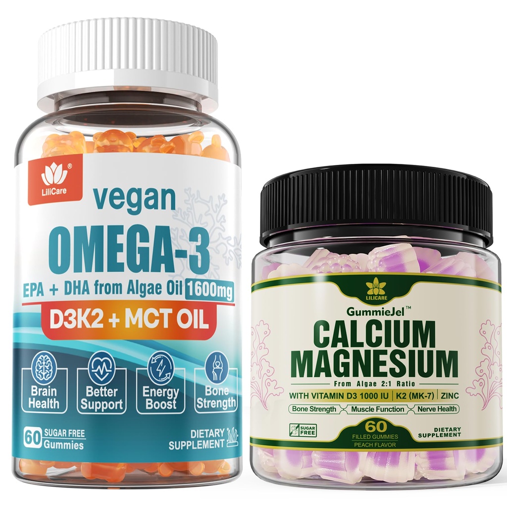 LILICARE Plant Based Calcium Supplement Vegan Omega3 Gummies 1280mg- from Marine Algae Oil