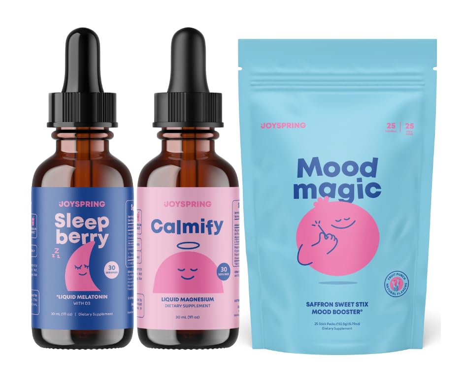 JoySpring SleepBerry Liquid Melatonine, Magnesium Citrate & Glycinate Drops, en Mood Saffron Pixie Stick voor kinderen