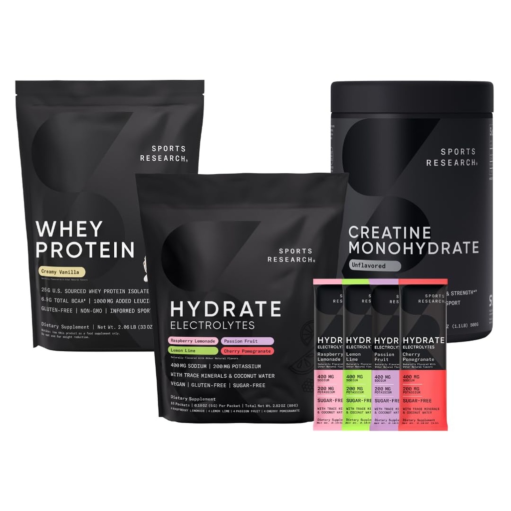 Sports Research® Wei Protein Isoleer Vanille Gearomatiseerd (2,1 lb), Variety Pack Hydrate Electrolytes Powder Packets (16 tellingen) en Creatine Monohydraat (1,1 lb)