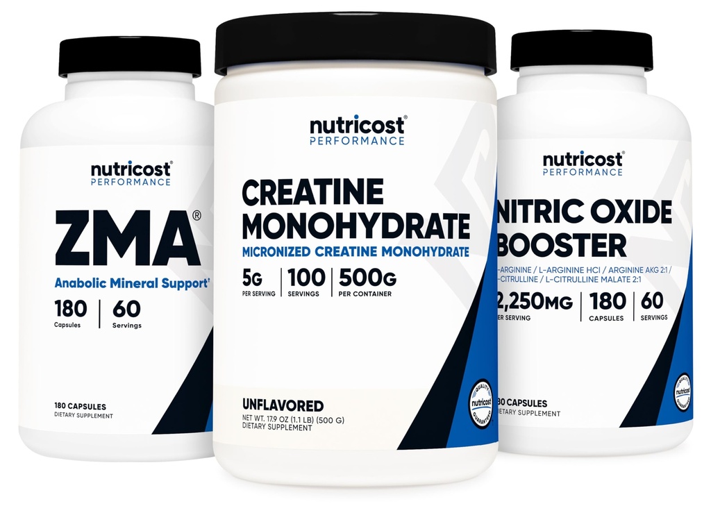 Nutricost Creatine 500 Gram, Nitric Oxide 180 Capsules en ZMA 180 Capsules Bundel