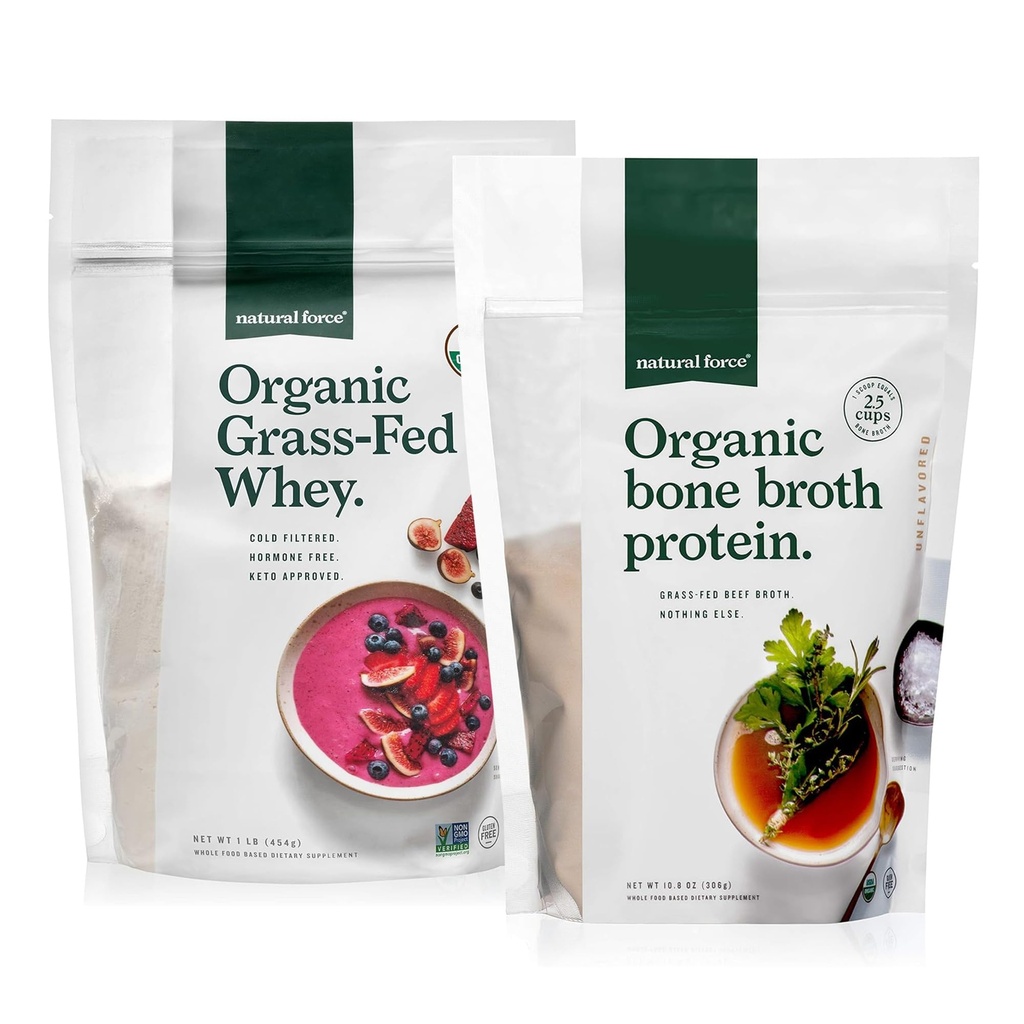 Natural Force Grass Fed Organic Whey Protein Powder Unflavored - 16 oz Pure Organic Bone Broth Protein Powder 10.8 oz