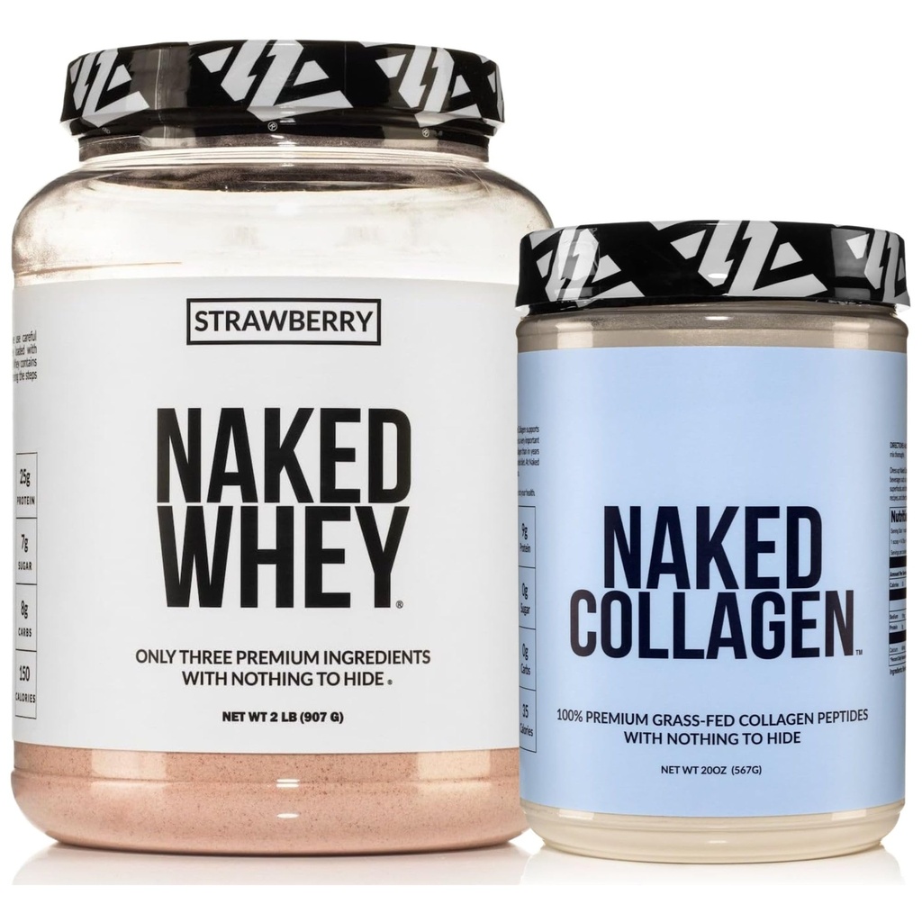 NAKED Strawberry Whey Protein Powder (24 Servings) Collagen Peptides Protein Powder 20oz (60 Servings) – Grass-Fed; Pasture-Raised; Non-GMO; Gluten Free; Keto; Paleo Friendly