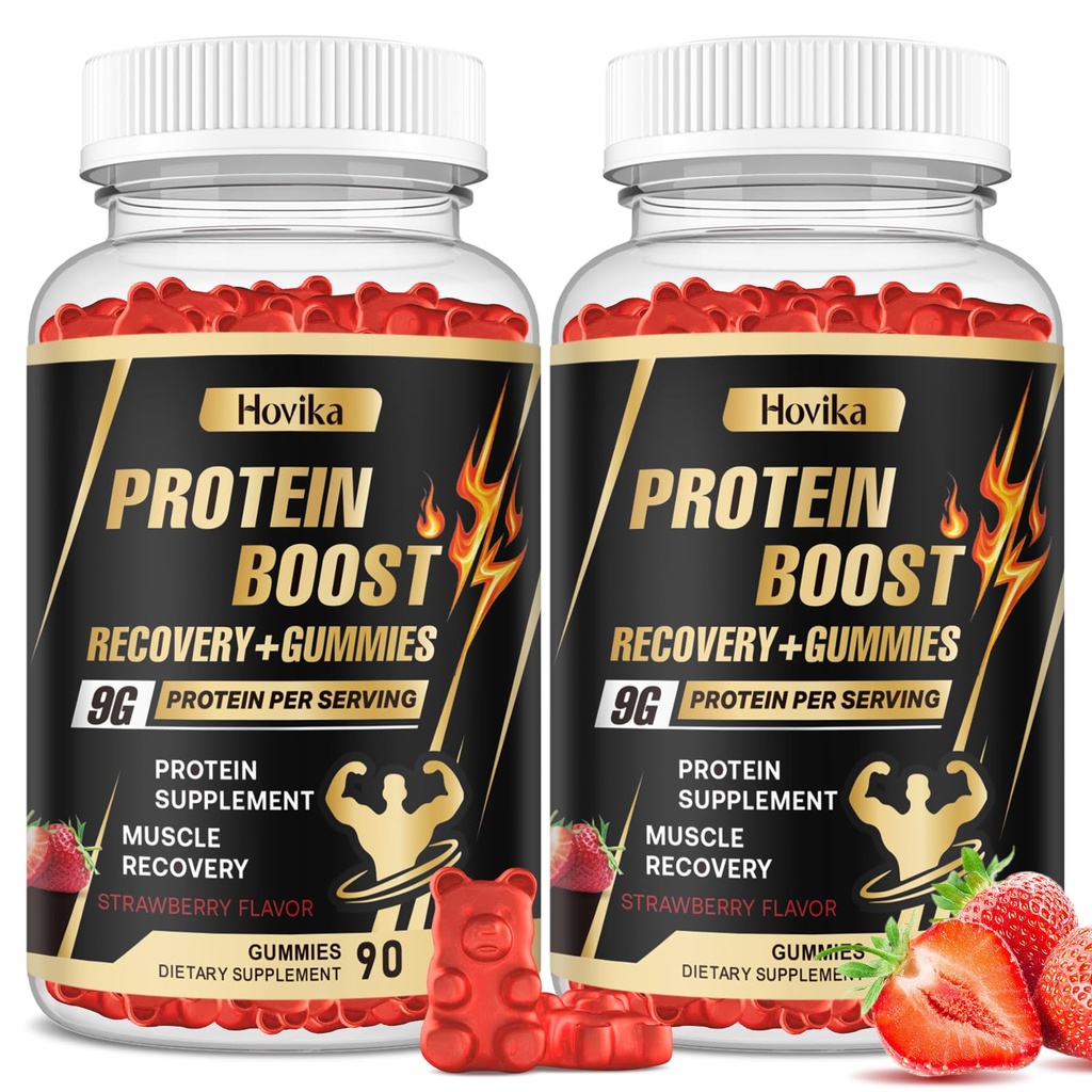 Whey Protein Gummies, 9g Protein per Serving, Easy to Take Snacks for Men & Women, Recovery + Supplement Gummies for Protein Boost, Muscle, Energy Support, Strawberry Flavor, 180 Gummies