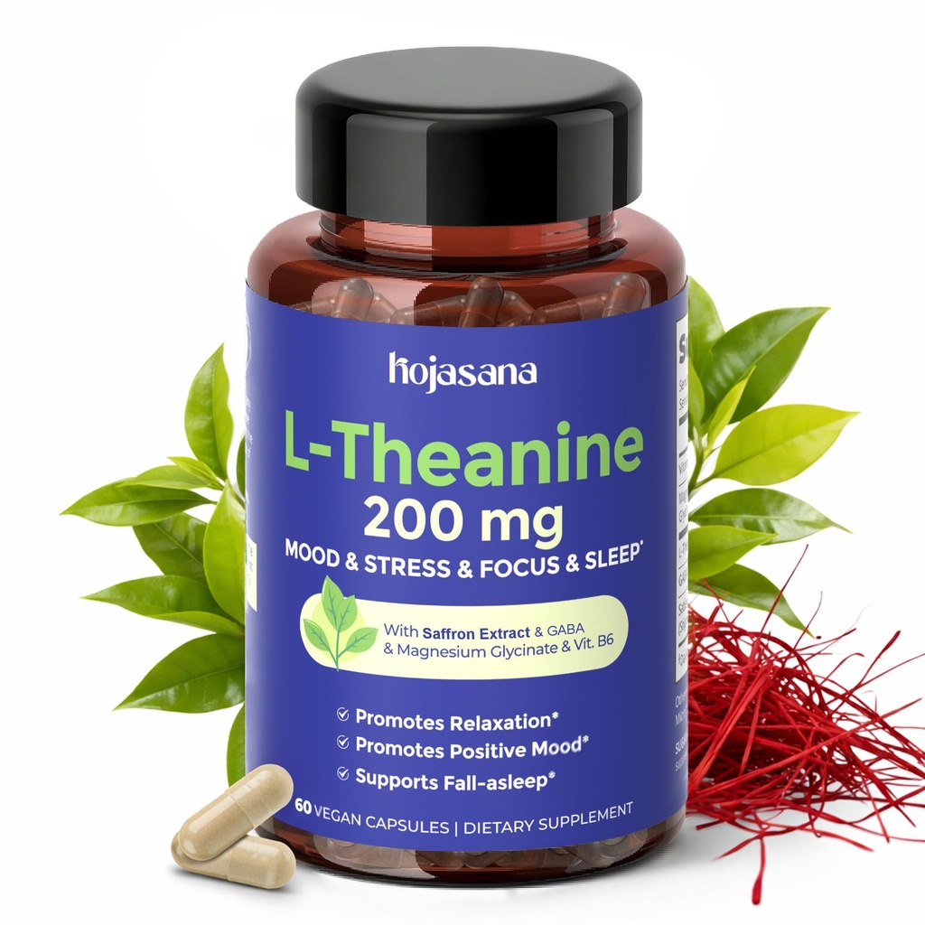 L Theanine 200 mg met Saffron, GABA, Magnesium Glycinate & Vitamine B6, L-Theanine supplement Advanced Complex Formula for Mood Relaxation & Stress Relief & Slaapondersteuning, 60 Vegan Capsules