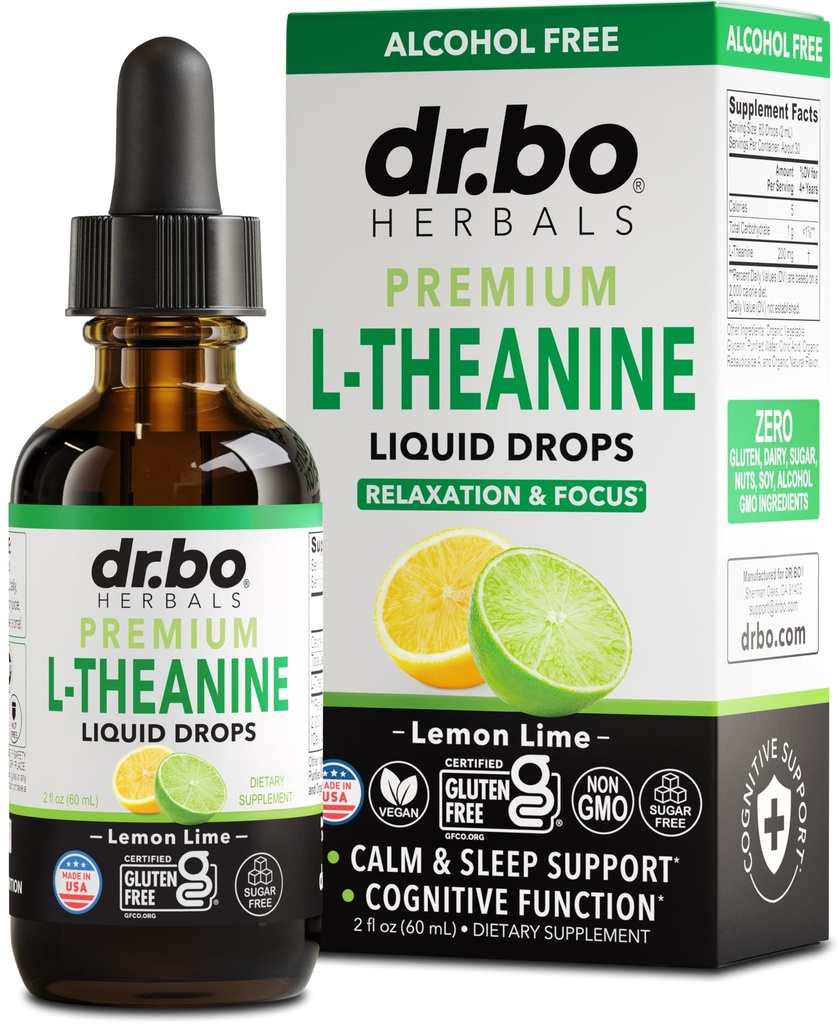 L Theanine 200mg Liquid Drops - Natural Sleep Support & Focus Supplement for Kids & Adults - Vegan, Non-GMO, Gluten Free 200mg Pure L-Theanine Drops Liquid Supplements, Mood Ltheanine for Kids 2 FL Oz