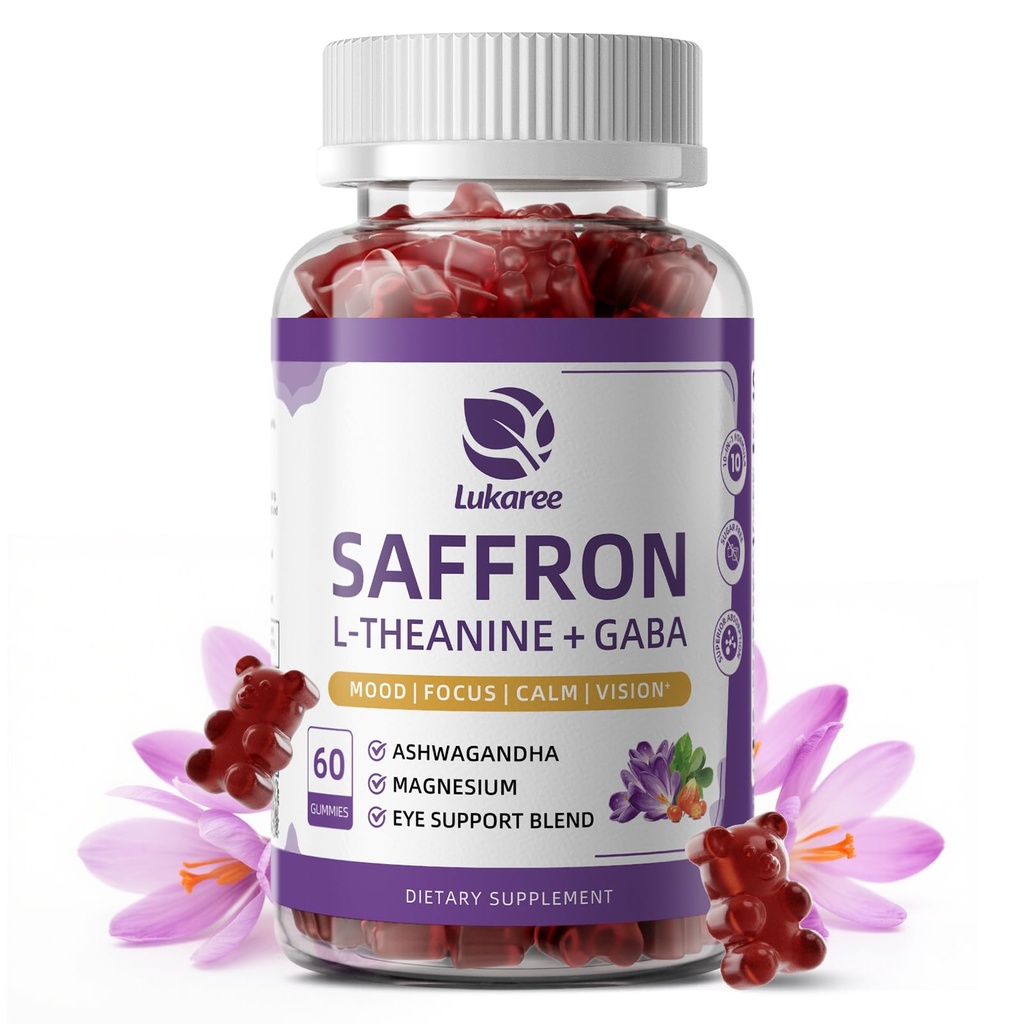 10-in-1 Saffron Gummies Supplements with L-Theanine 200mg, GABA, Ashwagandha, Turmeric, Lutein, Zeaxanthin & Astaxanthin for Mood, Focus & Eye Support Sugar Free, Vegan, Berry Flavor, 60 Count