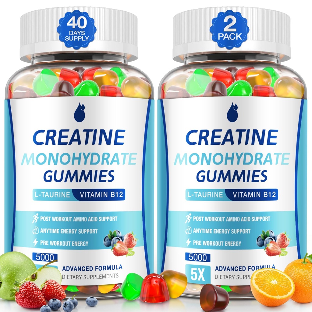 Creatine Gummies voor mannen en vrouwen - Creatine Monohydraat Gummies 5g, Muscle Builder, Energy Boost & Pre-Workout Supplement, Low Sugar Taurine Kauwbare Gummy 2 Pack