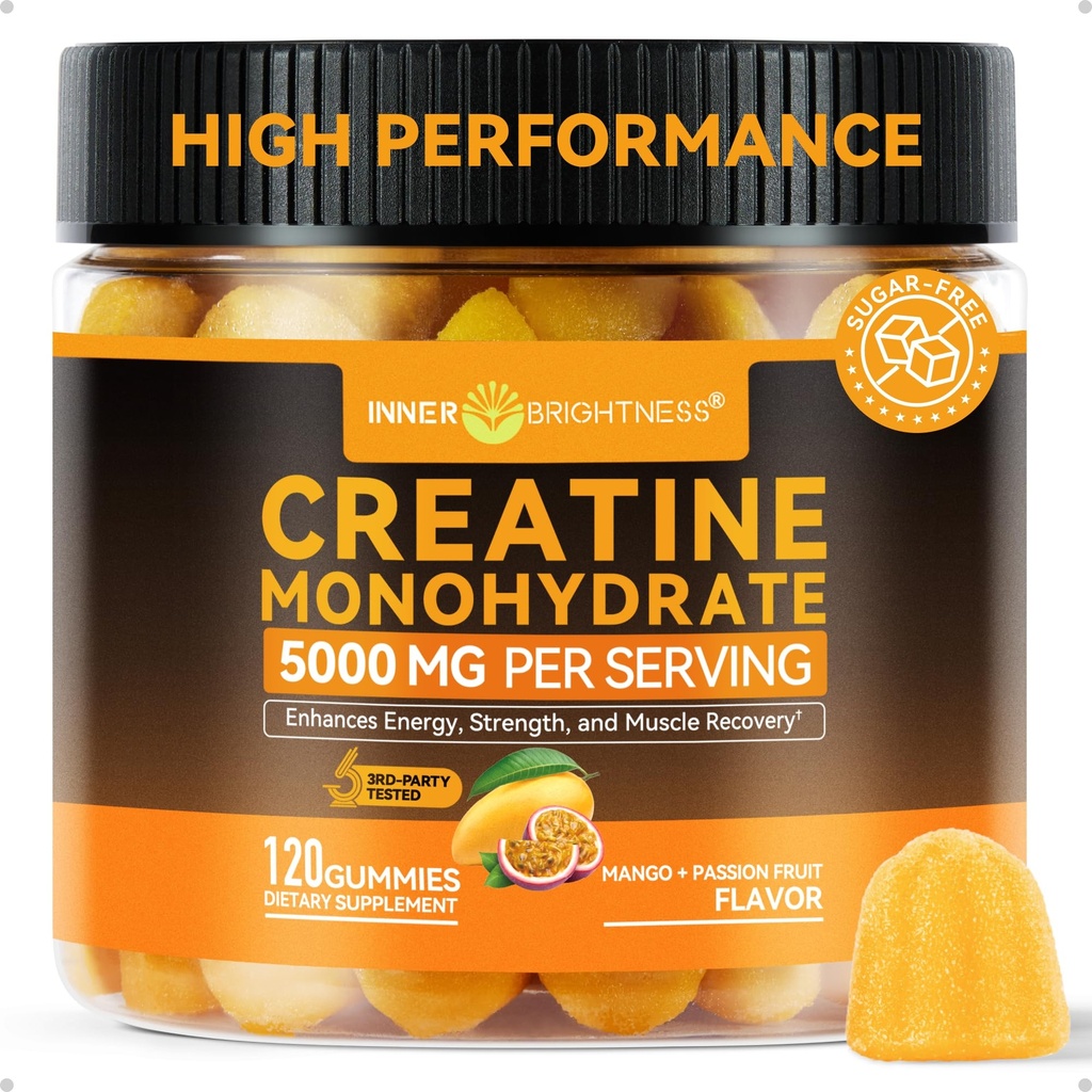 Innerlijke helderheid Creatine Monohydraat Gummy's voor mannen & vrouwen 5000 mg, 3e partij getest, Creatine Kauwt voor spiergroei, sterkte en energie ondersteuning, suikervrij, veganist, 120 Telling, Mango Passievruchten