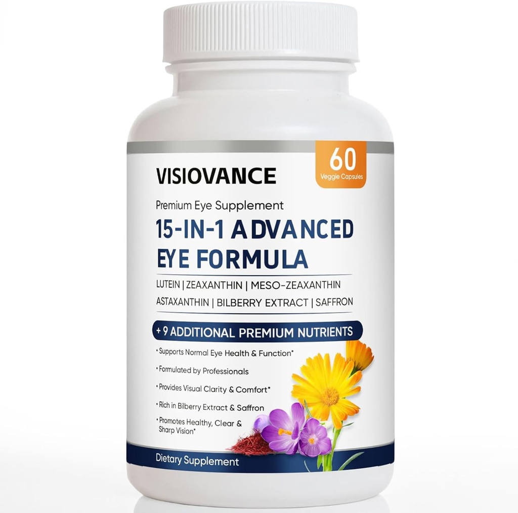 VisioVance 15 in 1 Advanced Eye Formula, Eye Vitamin and Mineral Supplement with Lutein, Zinc, Luteolin, Zeaxanthin & Bilberry Extract, 60 Count (1)