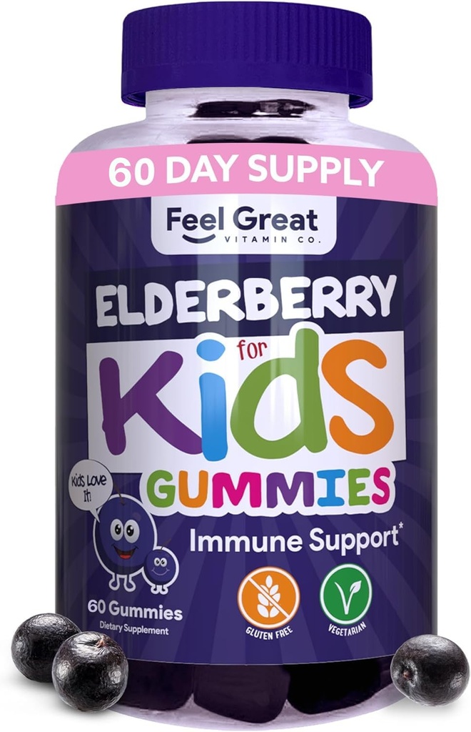 Feel Great Kids Elderberry Gummies with Zinc and Vitamin C | Immune Support Sambucus Elderberry | Berry Flavored Vegan Kids Multivitamins | 60 Day Supply